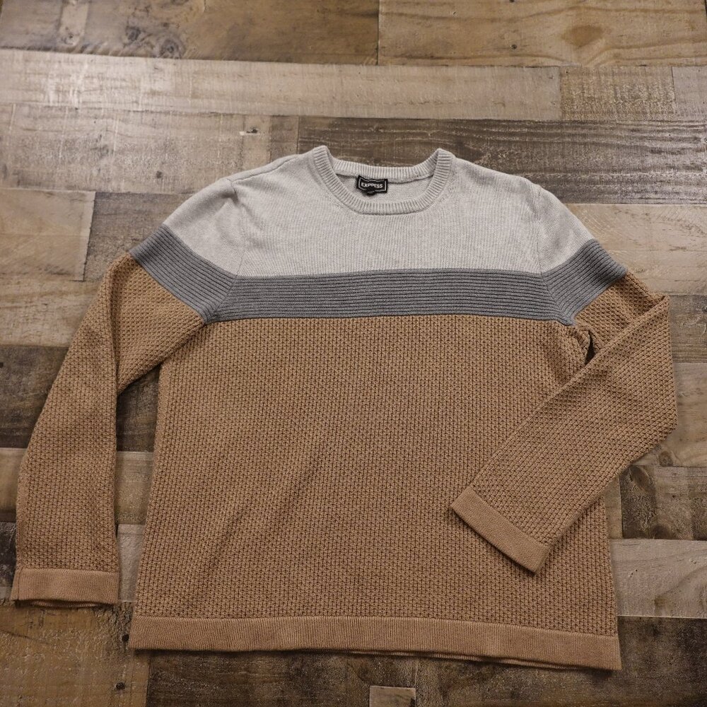 Express Colorblock Textured Knit Sweater Men’s XL Tan‎ Gray 100% Cotton Crewneck